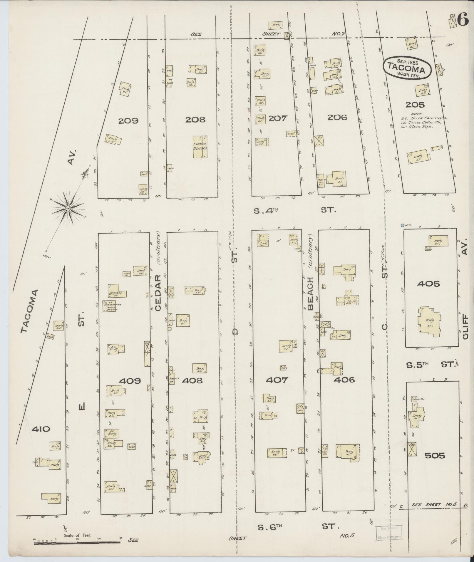 Sanborn Fire Insurance Map from Tacoma, Pierce County, Washington (1885), Sheet #0006 - Complete Map Set gallery image, historic Sanborn map, vintage wall art, Washington Washington