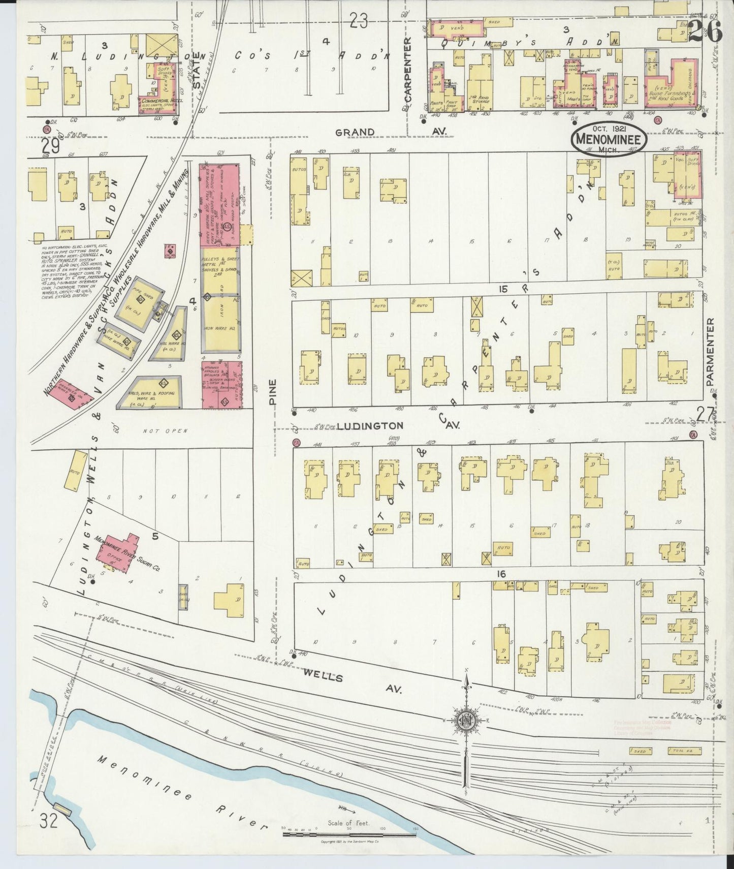 Sanborn Fire Insurance Map from Menominee, Menominee County, Michigan (1921), Sheet #0026 - Historic Sanborn Fire Insurance Map Print, vintage old map wall art, antique decor, genealogy gift, Michigan Michigan map