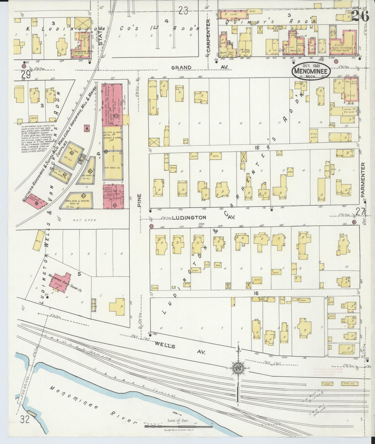 Sanborn Fire Insurance Map from Menominee, Menominee County, Michigan (1921), Sheet #0026 - Historic Sanborn Fire Insurance Map Print, vintage old map wall art, antique decor, genealogy gift, Michigan Michigan map