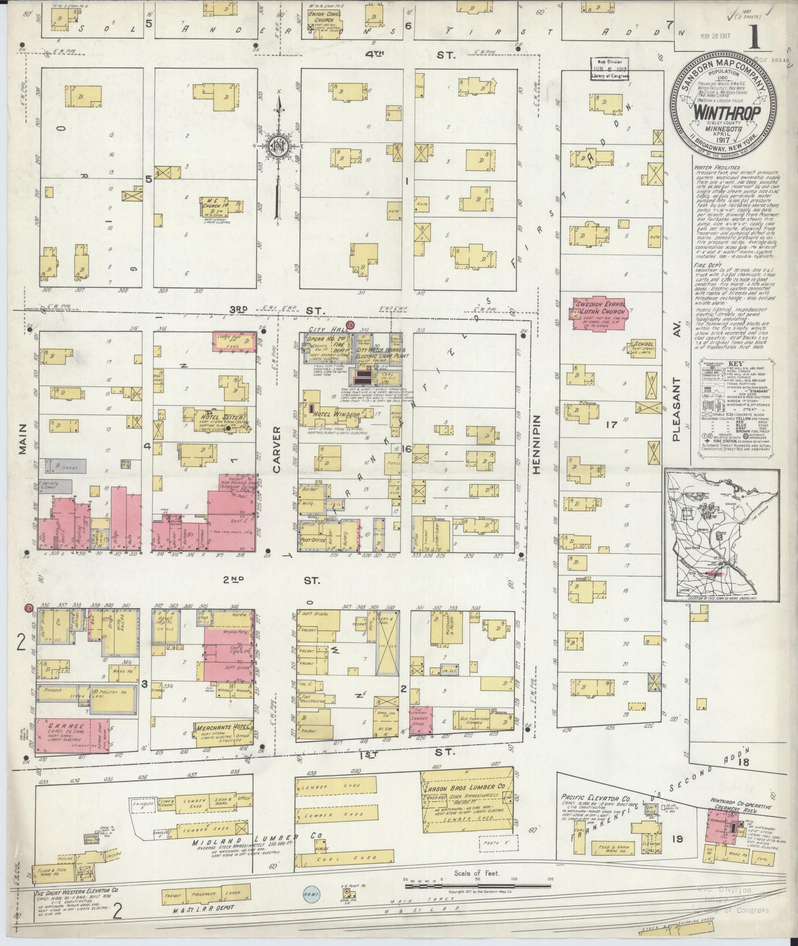 Sanborn Fire Insurance Map from Winthrop, Sibley County, Minnesota (1917), Sheet #0001 - Complete Map Set gallery image, historic Sanborn map, vintage wall art, Minnesota Minnesota