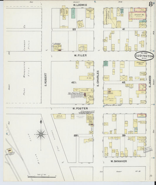 Sanborn Fire Insurance Map from Ludington, Mason County, Michigan (1890), Sheet #0008 - Historic Sanborn Fire Insurance Map Print, vintage old map wall art, antique decor, genealogy gift, Michigan Michigan map