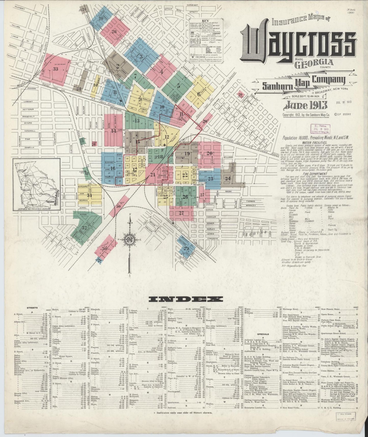 Sanborn Fire Insurance Map from Waycross, Ware County, Georgia (1913), Sheet #0001 - Complete Map Set gallery image, historic Sanborn map, vintage wall art, Georgia Georgia