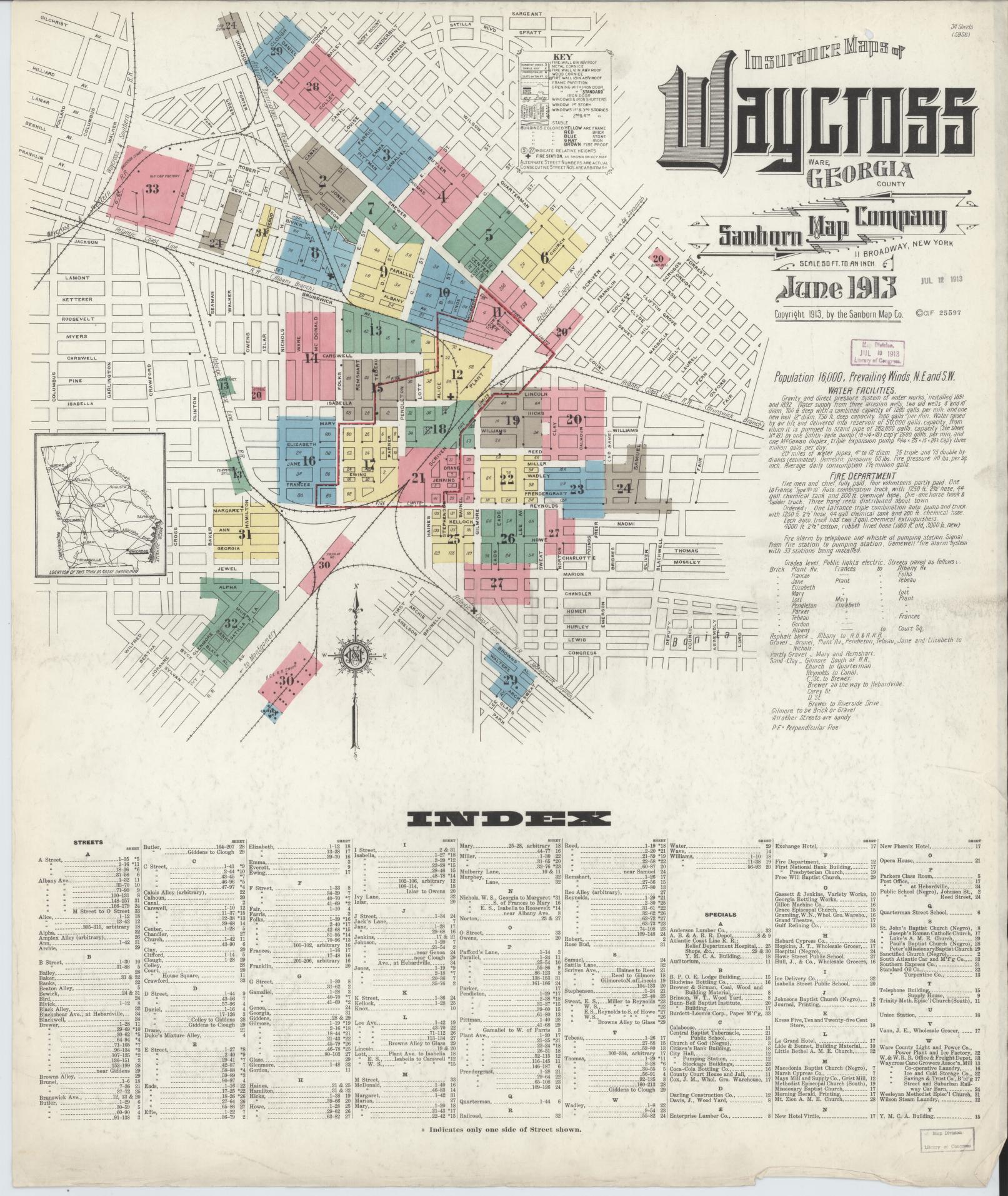 Sanborn Fire Insurance Map from Waycross, Ware County, Georgia (1913), Sheet #0001 - Complete Map Set gallery image, historic Sanborn map, vintage wall art, Georgia Georgia