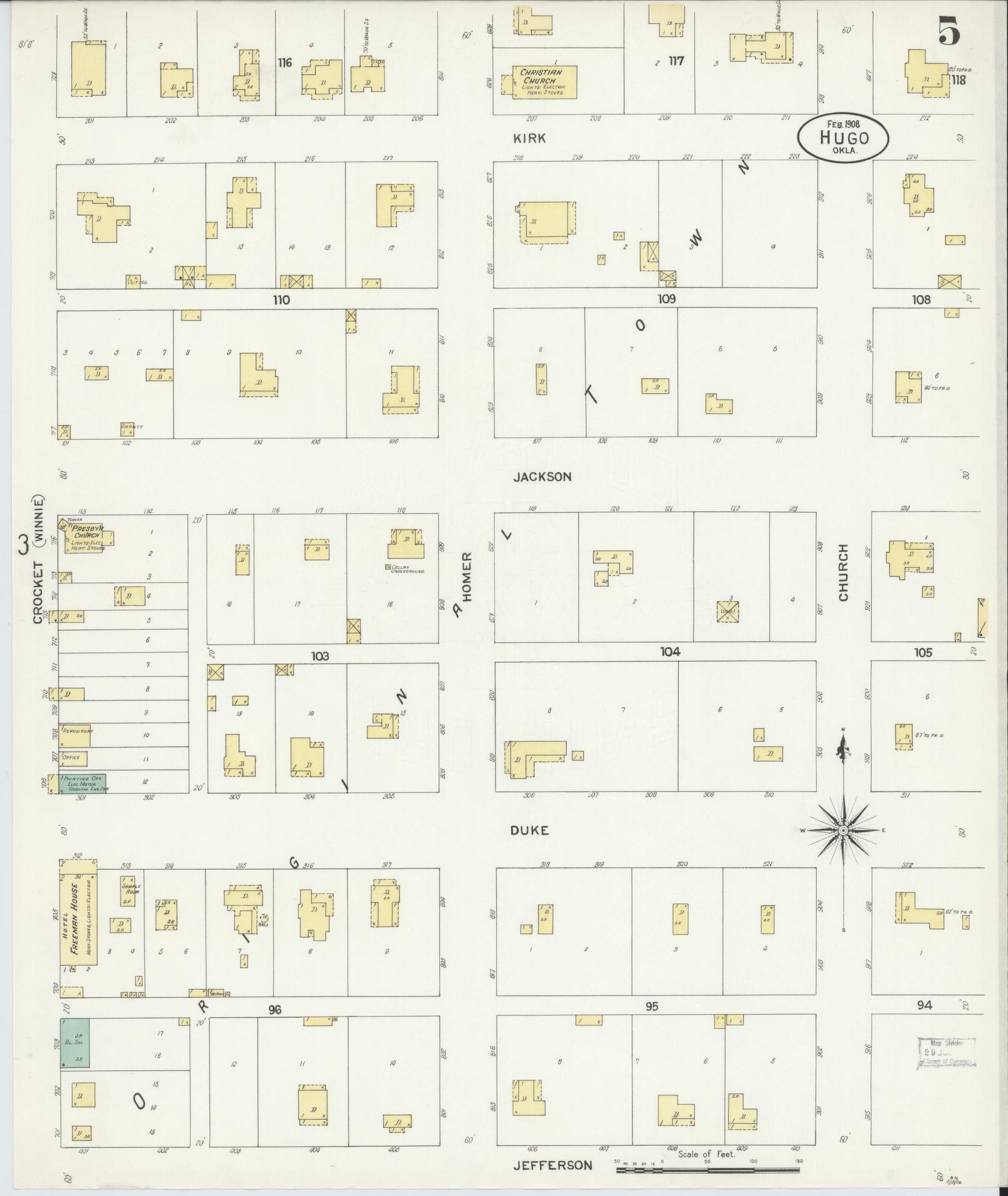 Sanborn Fire Insurance Map from Hugo, Choctaw County, Oklahoma (1908), Sheet #0005 - Complete Map Set gallery image, historic Sanborn map, vintage wall art, Oklahoma Oklahoma
