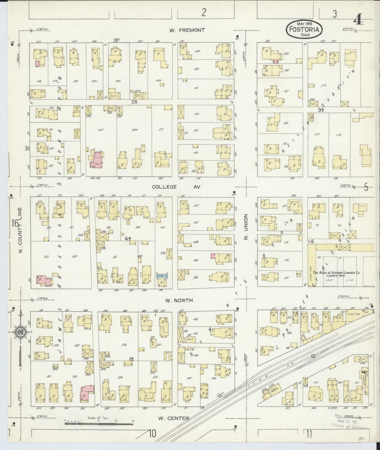 Sanborn Fire Insurance Map from Fostoria, Seneca, Hancock, And Wood Counties, Ohio (1914), Sheet #0004 - Historic Sanborn Fire Insurance Map Print, vintage old map wall art, antique decor, genealogy gift, Ohio Ohio map