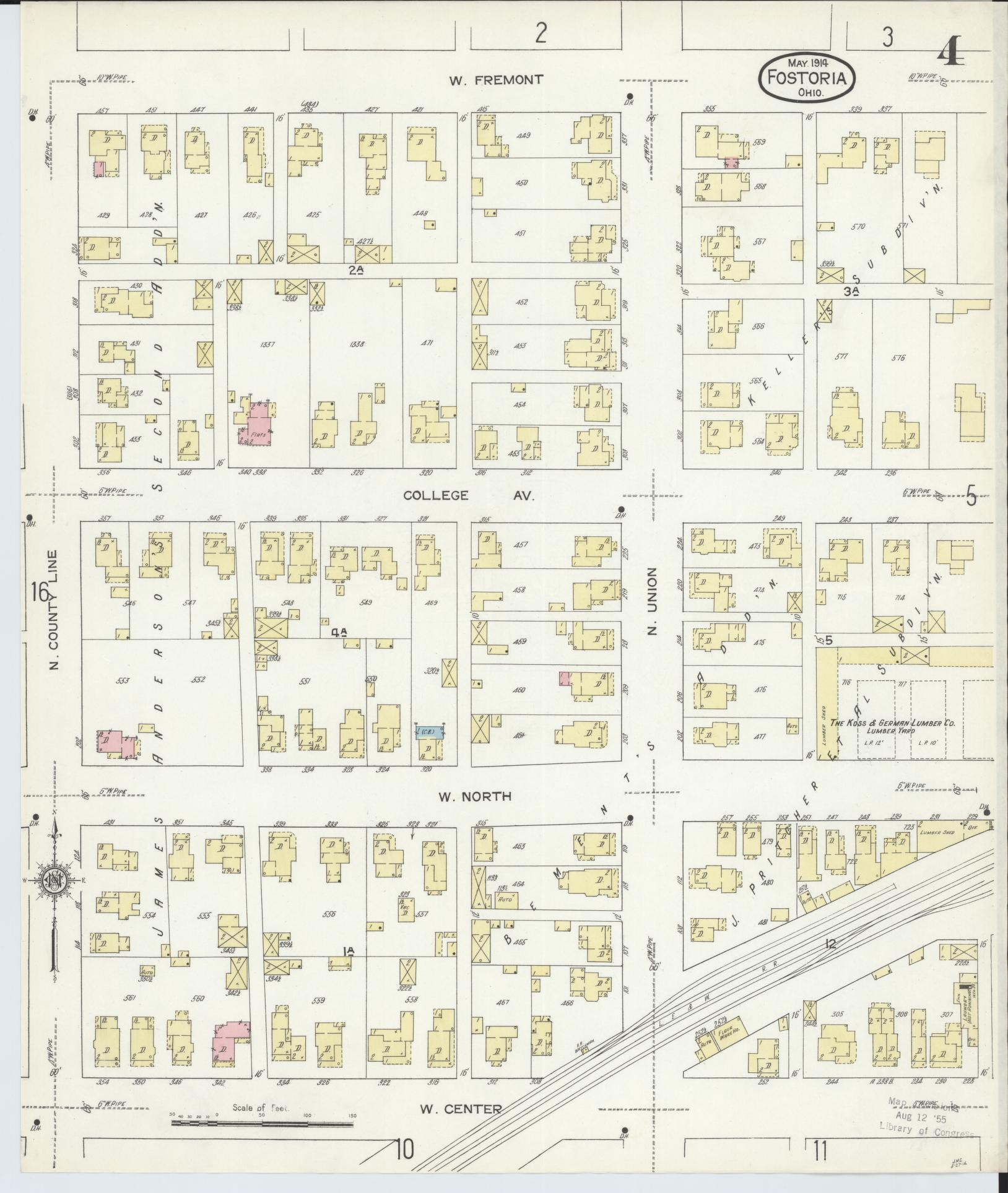 Sanborn Fire Insurance Map from Fostoria, Seneca, Hancock, And Wood Counties, Ohio (1914), Sheet #0004 - Historic Sanborn Fire Insurance Map Print, vintage old map wall art, antique decor, genealogy gift, Ohio Ohio map