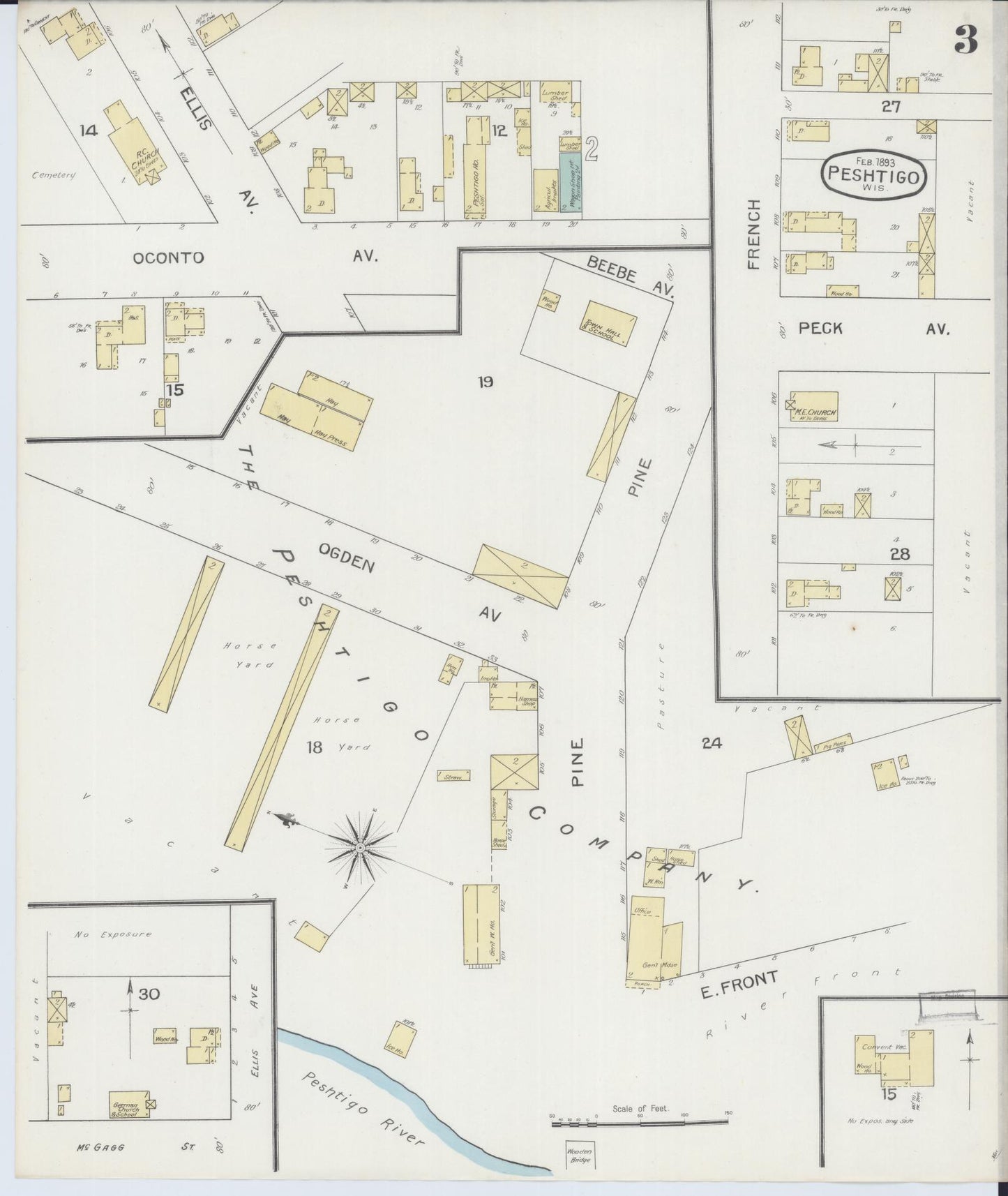 Sanborn Fire Insurance Map from Peshtigo, Marinette County, Wisconsin (1893), Sheet #0003 - Complete Map Set gallery image, historic Sanborn map, vintage wall art, Wisconsin Wisconsin