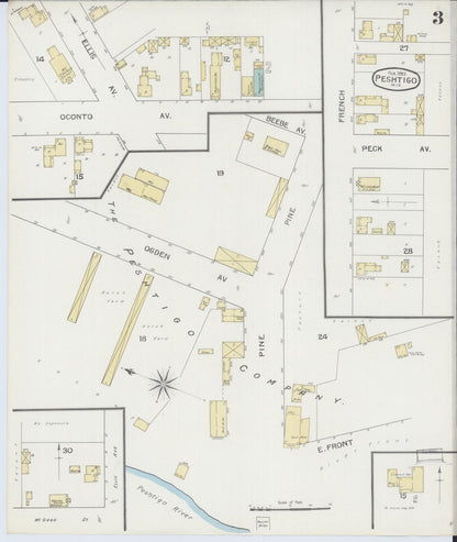 Sanborn Fire Insurance Map from Peshtigo, Marinette County, Wisconsin (1893), Sheet #0003 - Complete Map Set gallery image, historic Sanborn map, vintage wall art, Wisconsin Wisconsin