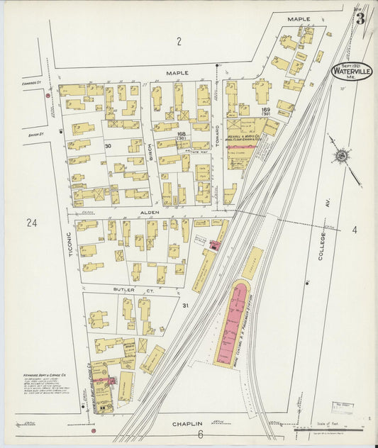Sanborn Fire Insurance Map from Waterville, Kennebec County, Maine (1921), Sheet #0003 - Historic Sanborn Fire Insurance Map Print, vintage old map wall art, antique decor, genealogy gift, Maine Maine map