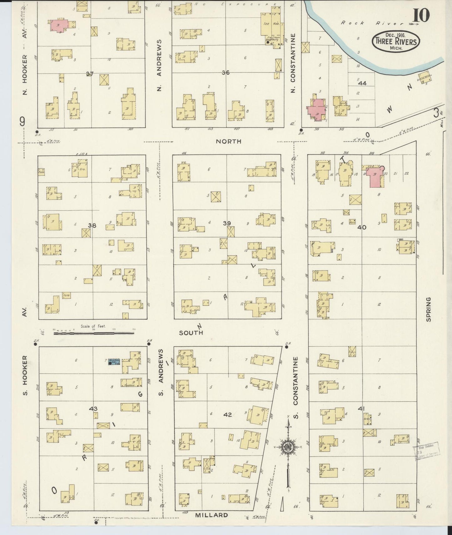 Sanborn Fire Insurance Map from Three Rivers, Saint Joseph County, Michigan (1916), Sheet #0010 - Historic Sanborn Fire Insurance Map Print, vintage old map wall art, antique decor, genealogy gift, Michigan Michigan map