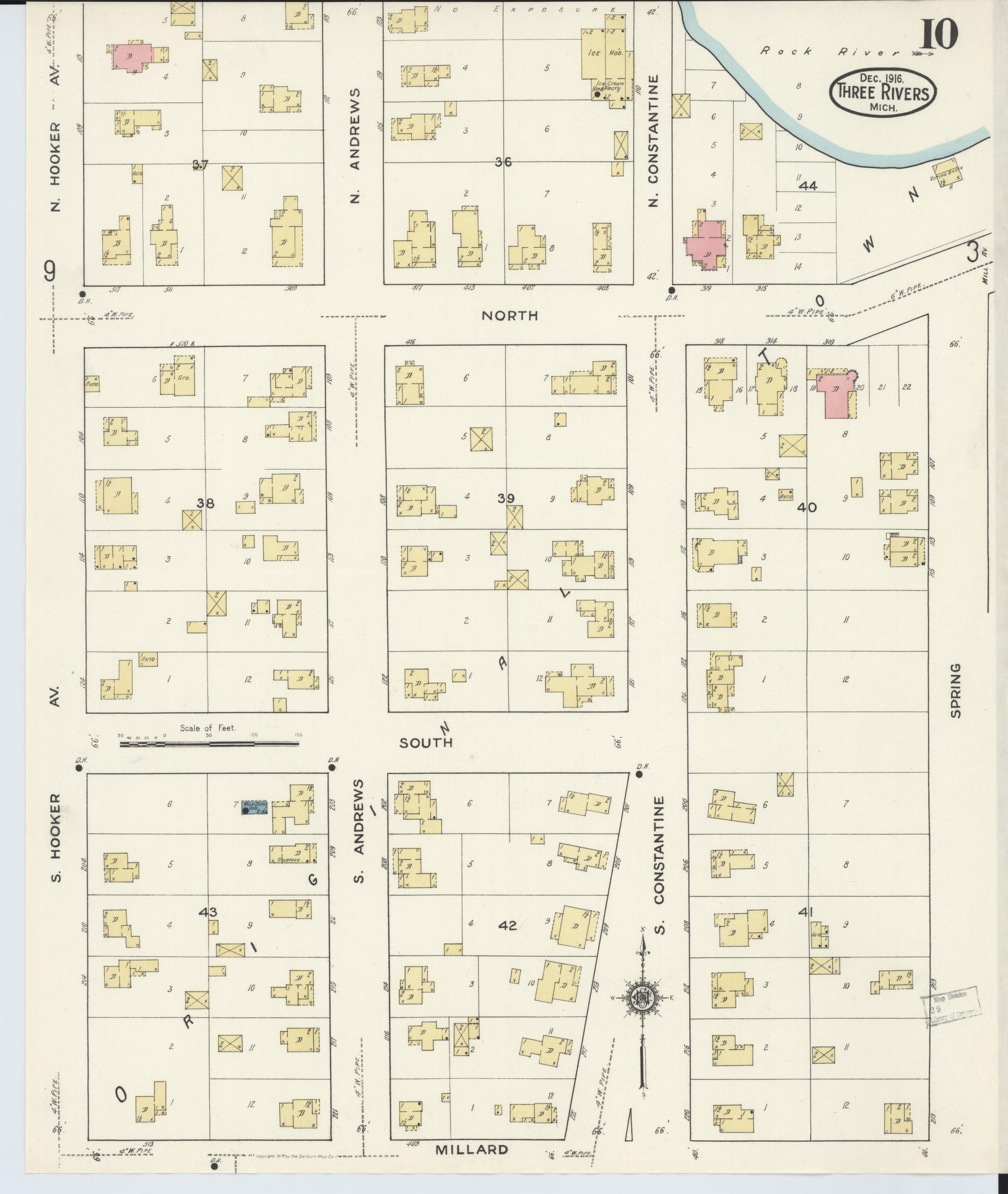 Sanborn Fire Insurance Map from Three Rivers, Saint Joseph County, Michigan (1916), Sheet #0010 - Historic Sanborn Fire Insurance Map Print, vintage old map wall art, antique decor, genealogy gift, Michigan Michigan map