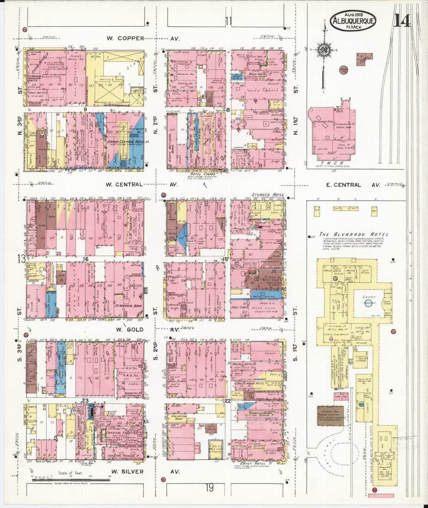 Sanborn Fire Insurance Map from Albuquerque, Bernalillo County, New Mexico (1919), Sheet #0014 - Historic Sanborn Fire Insurance Map Print, vintage old map wall art, antique decor, genealogy gift, New Mexico New Mexico map