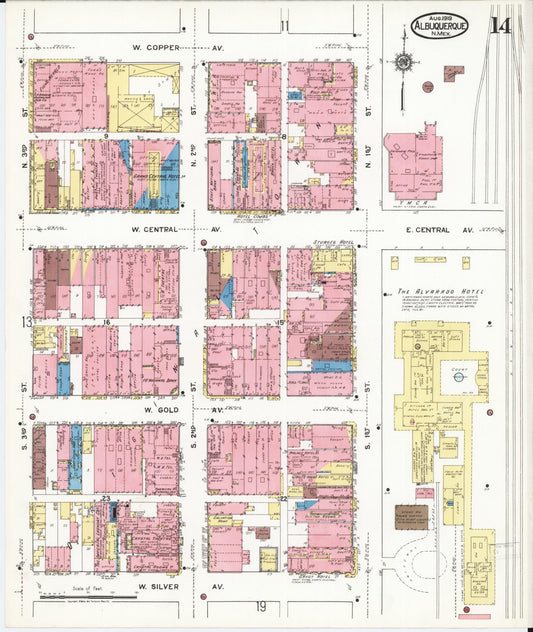 Sanborn Fire Insurance Map from Albuquerque, Bernalillo County, New Mexico (1919), Sheet #0014 - Historic Sanborn Fire Insurance Map Print, vintage old map wall art, antique decor, genealogy gift, New Mexico New Mexico map