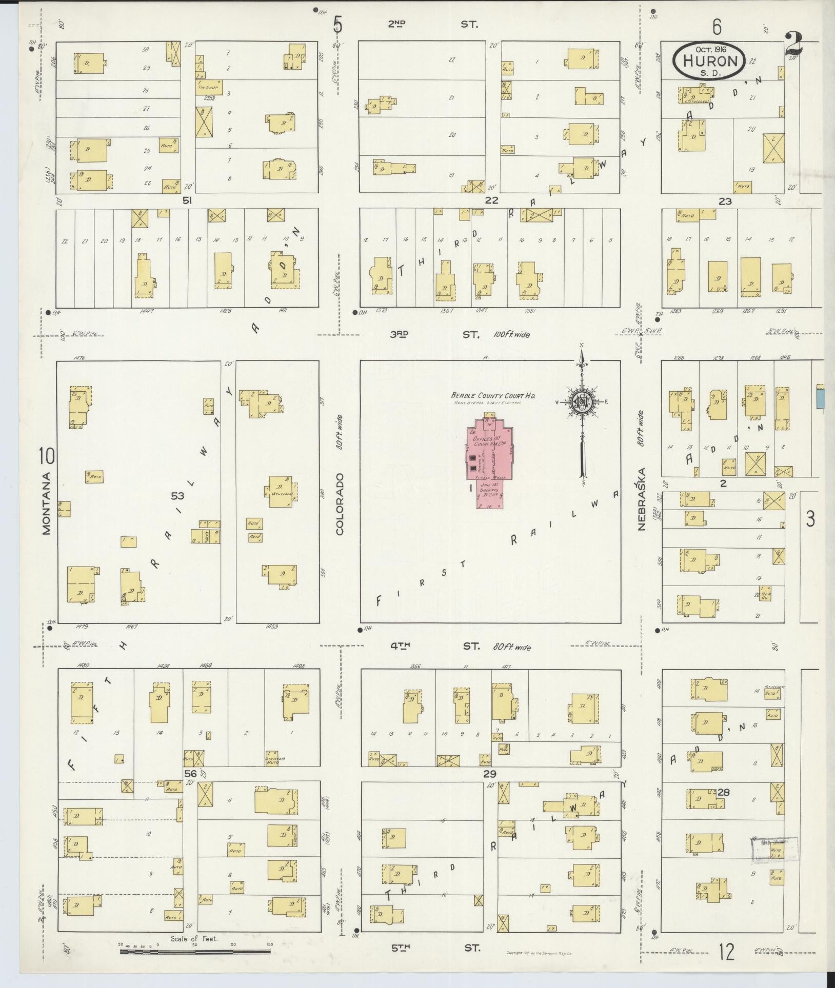 Sanborn Fire Insurance Map from Huron, Beadle County, South Dakota (1916), Sheet #0002 - Historic Sanborn Fire Insurance Map Print, vintage old map wall art, antique decor, genealogy gift, South Dakota South Dakota map
