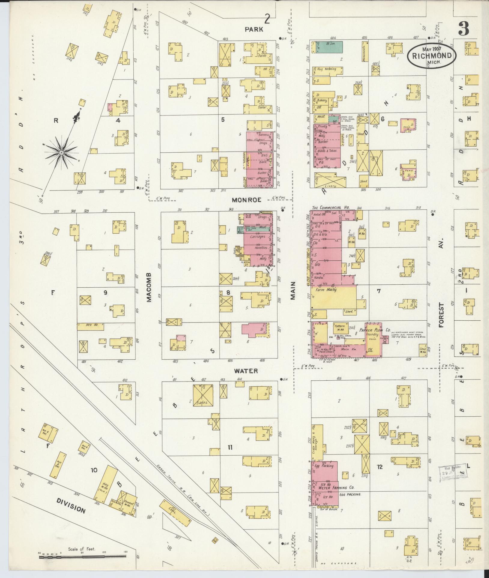 Sanborn Fire Insurance Map from Richmond, Macomb County, Michigan (1907), Sheet #0003 - Complete Map Set gallery image, historic Sanborn map, vintage wall art, Michigan Michigan