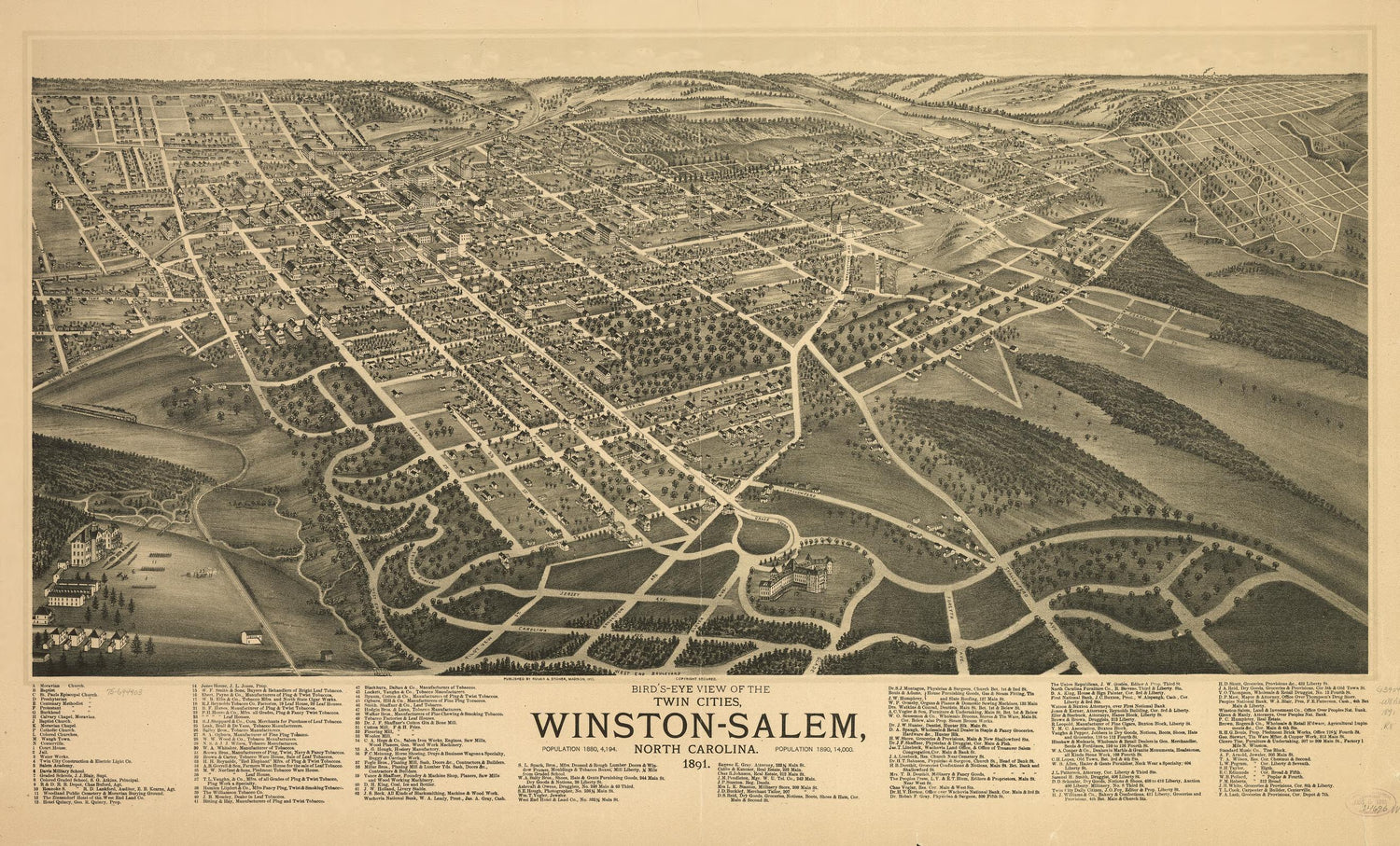 Bird's-eye view of the twin cities, Winston-Salem, North Carolina 1891. (1891) – Historic Bird’s-Eye View Panorama Print