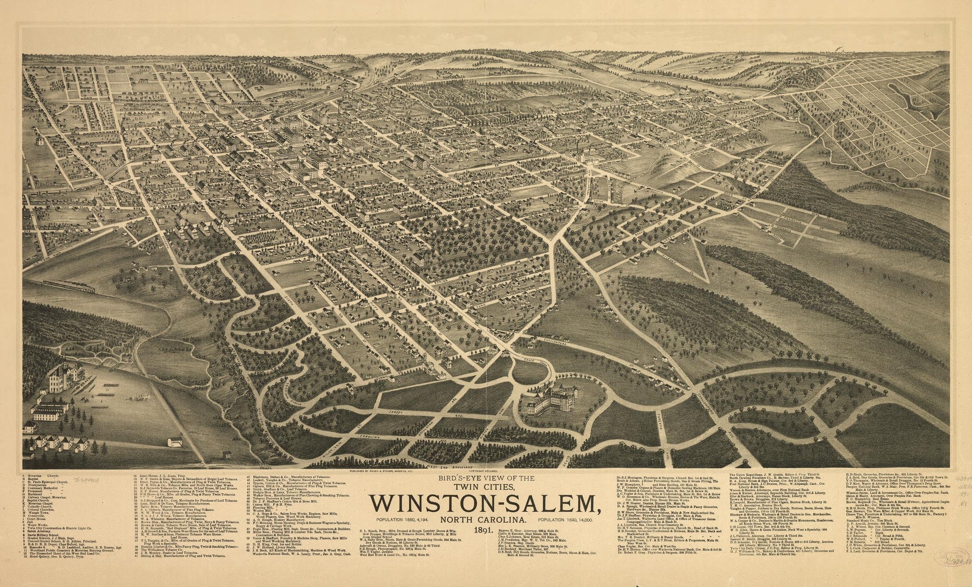 Bird's-eye view of the twin cities, Winston-Salem, North Carolina 1891. (1891) – Historic Bird’s-Eye View Panorama Print