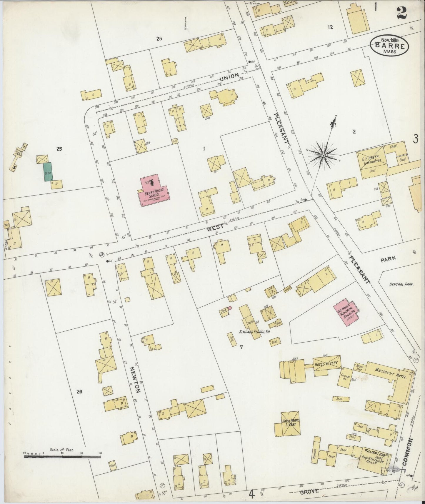 Sanborn Fire Insurance Map from Barre, Worcester County, Massachusetts (1905), Sheet #0002 - Complete Map Set gallery image, historic Sanborn map, vintage wall art, Massachusetts Massachusetts
