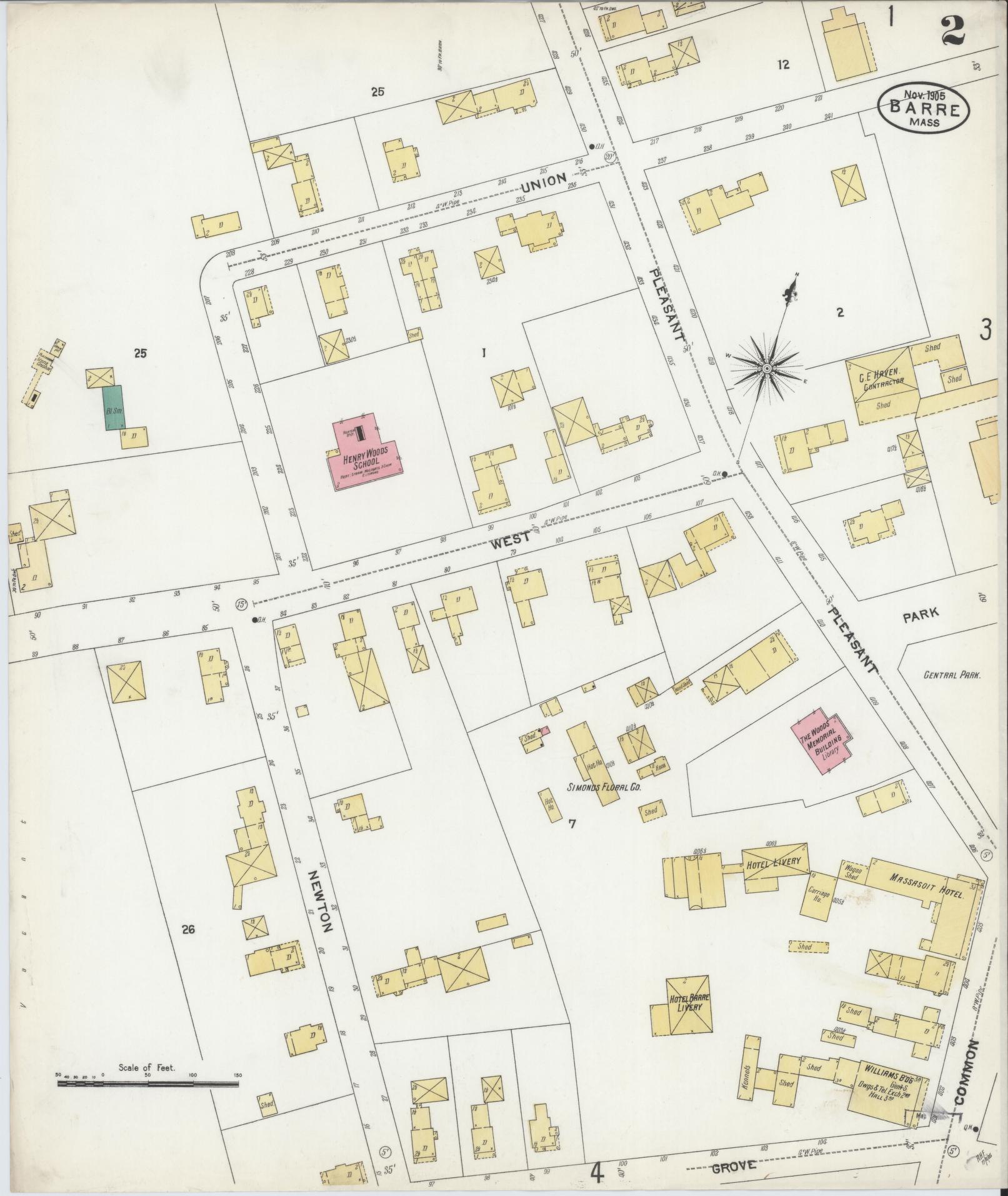 Sanborn Fire Insurance Map from Barre, Worcester County, Massachusetts (1905), Sheet #0002 - Complete Map Set gallery image, historic Sanborn map, vintage wall art, Massachusetts Massachusetts
