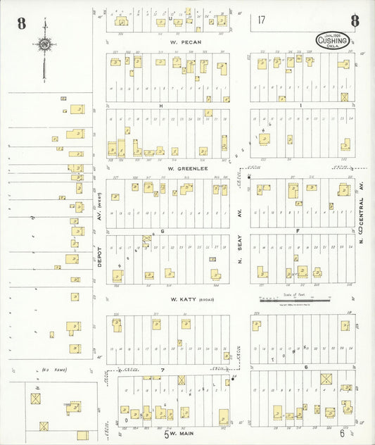 Sanborn Fire Insurance Map from Cushing, Payne County, Oklahoma (1924), Sheet #0008 - Historic Sanborn Fire Insurance Map Print, vintage old map wall art, antique decor, genealogy gift, Oklahoma Oklahoma map