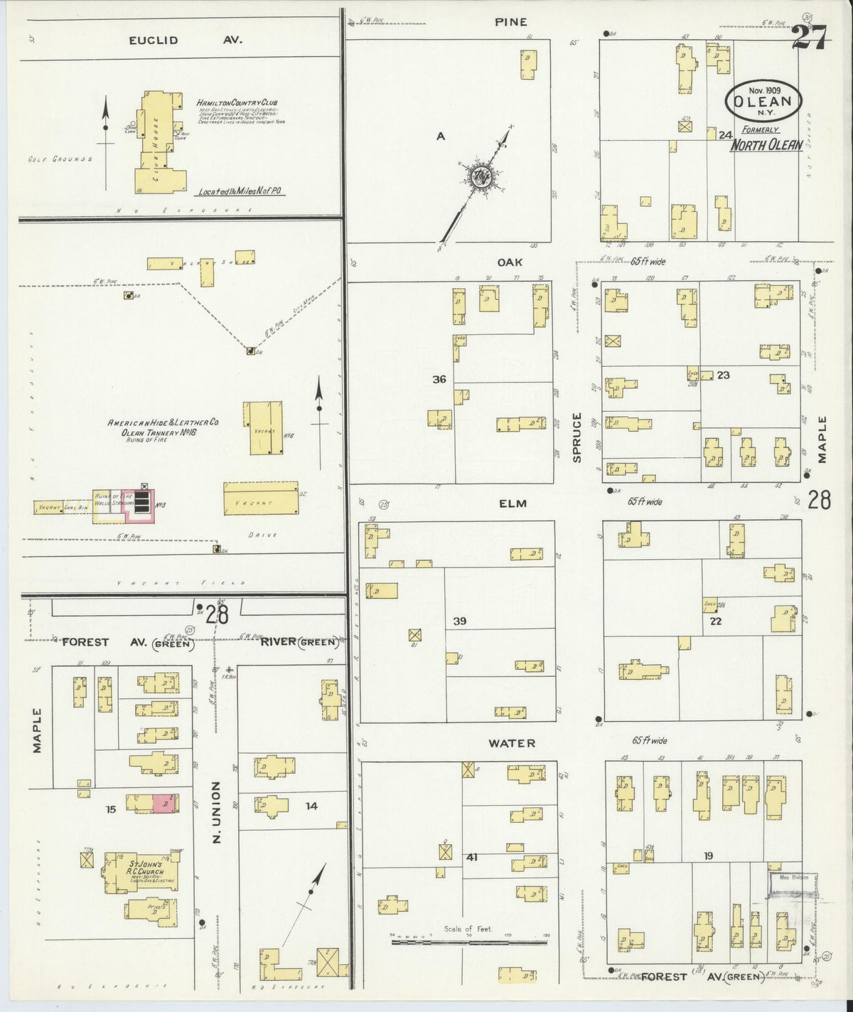 Sanborn Fire Insurance Map from Olean, Cattaraugus County, New York (1909), Sheet #0027 - Historic Sanborn Fire Insurance Map Print, vintage old map wall art, antique decor, genealogy gift, New York New York map