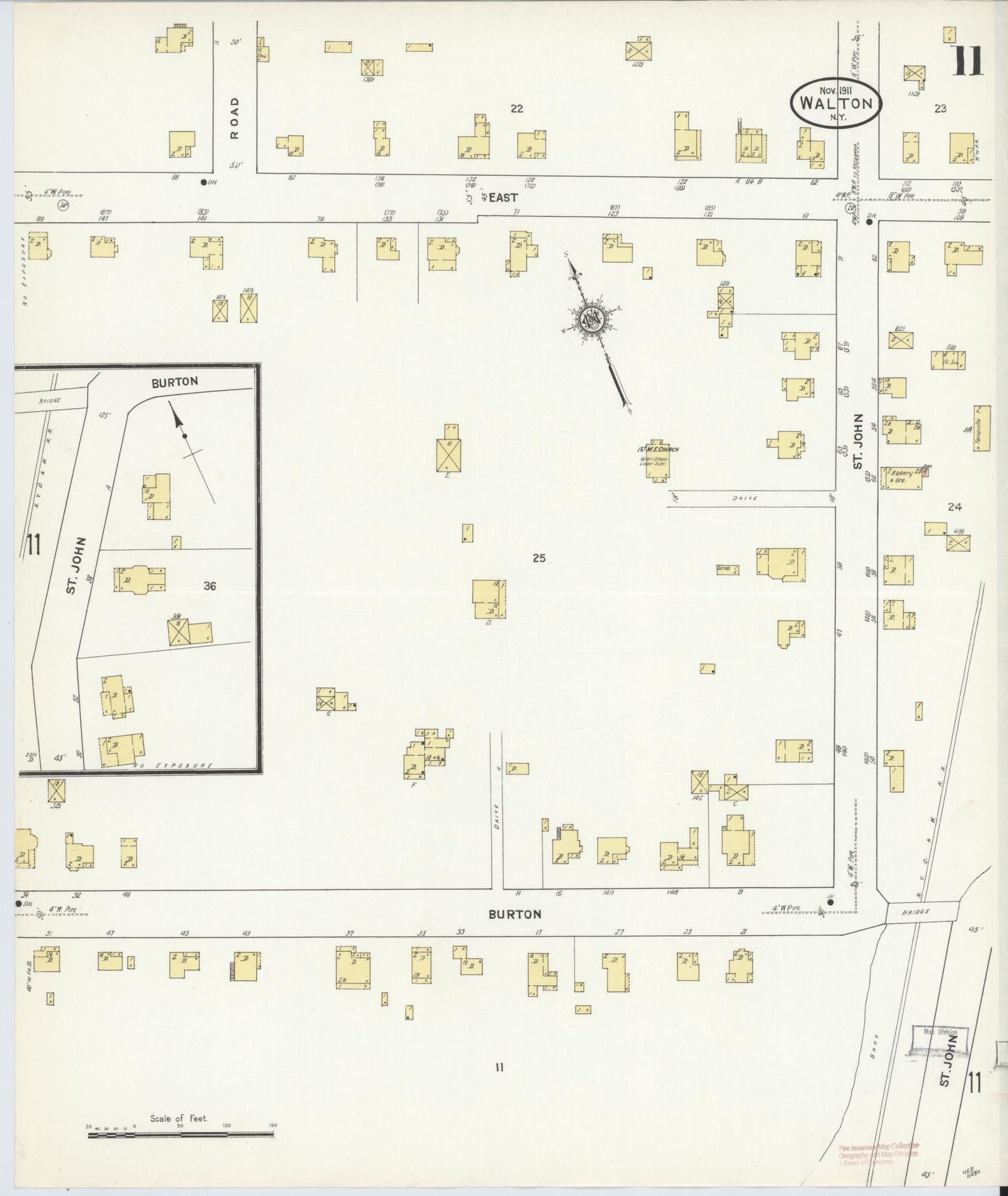Sanborn Fire Insurance Map from Walton, Delaware County, New York (1911), Sheet #0011 - Historic Sanborn Fire Insurance Map Print, vintage old map wall art, antique decor, genealogy gift, New York New York map