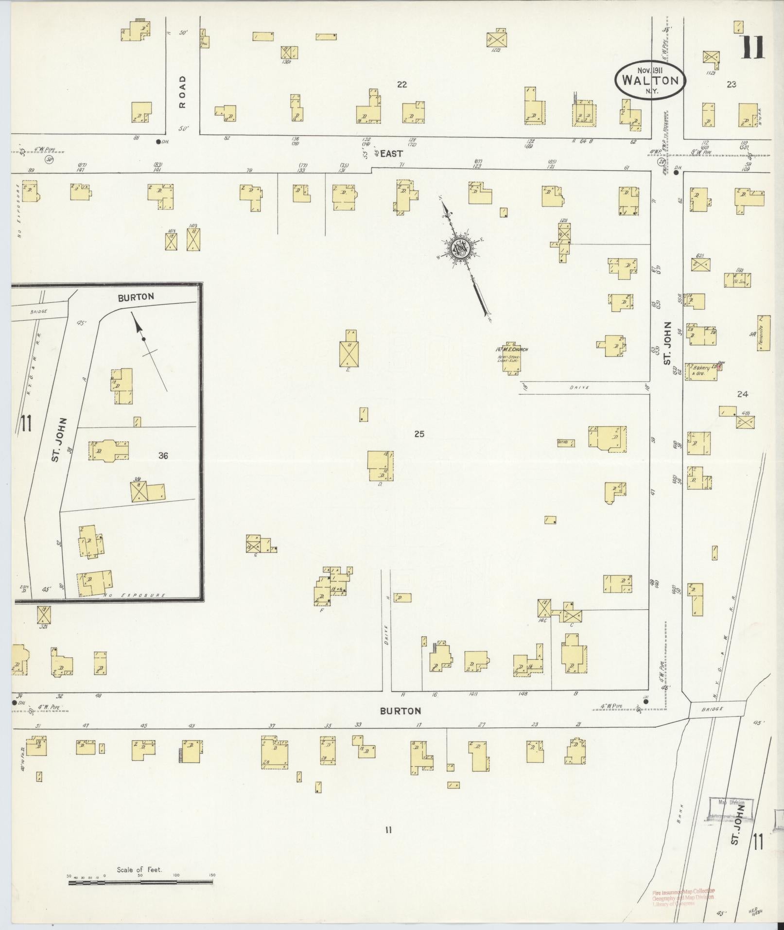 Sanborn Fire Insurance Map from Walton, Delaware County, New York (1911), Sheet #0011 - Historic Sanborn Fire Insurance Map Print, vintage old map wall art, antique decor, genealogy gift, New York New York map