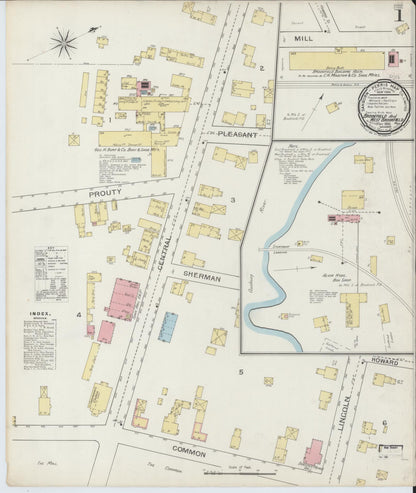 Sanborn Fire Insurance Map from Brookfield, Worcester County, Massachusetts (1893), Sheet #0001 - Historic Sanborn Fire Insurance Map Print, vintage old map wall art, antique decor, genealogy gift, Massachusetts Massachusetts map