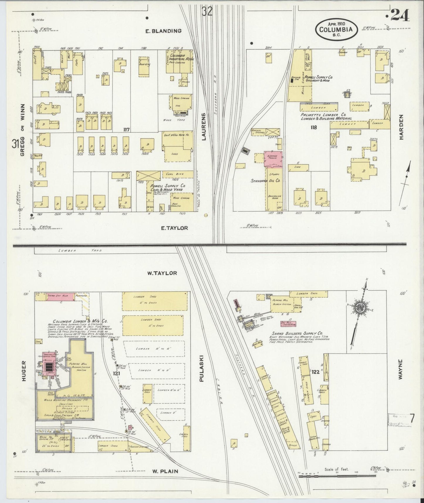 Sanborn Fire Insurance Map from Columbia, Richland County, South Carolina (1910), Sheet #0024 - Complete Map Set gallery image, historic Sanborn map, vintage wall art, South Carolina South Carolina