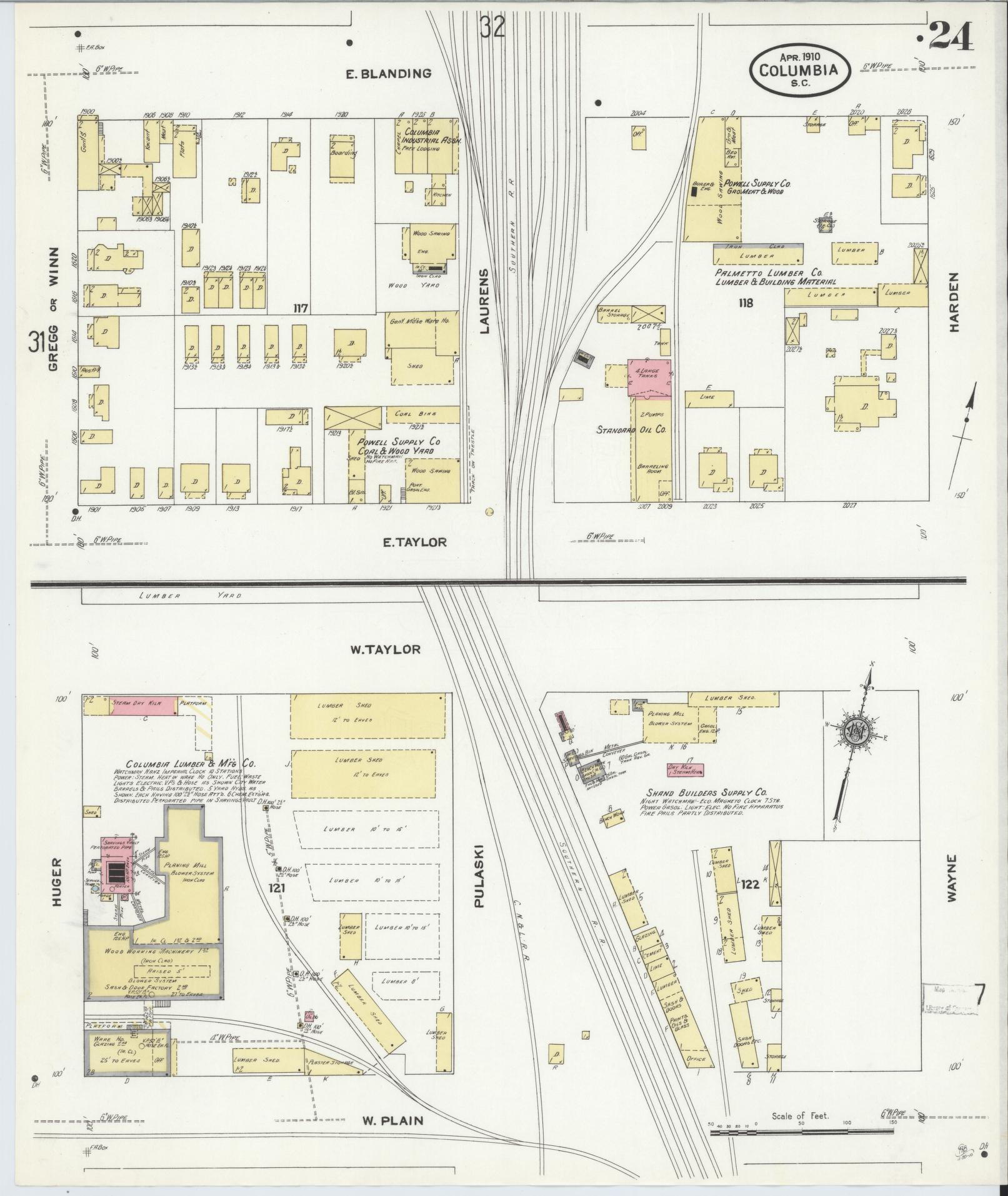 Sanborn Fire Insurance Map from Columbia, Richland County, South Carolina (1910), Sheet #0024 - Complete Map Set gallery image, historic Sanborn map, vintage wall art, South Carolina South Carolina