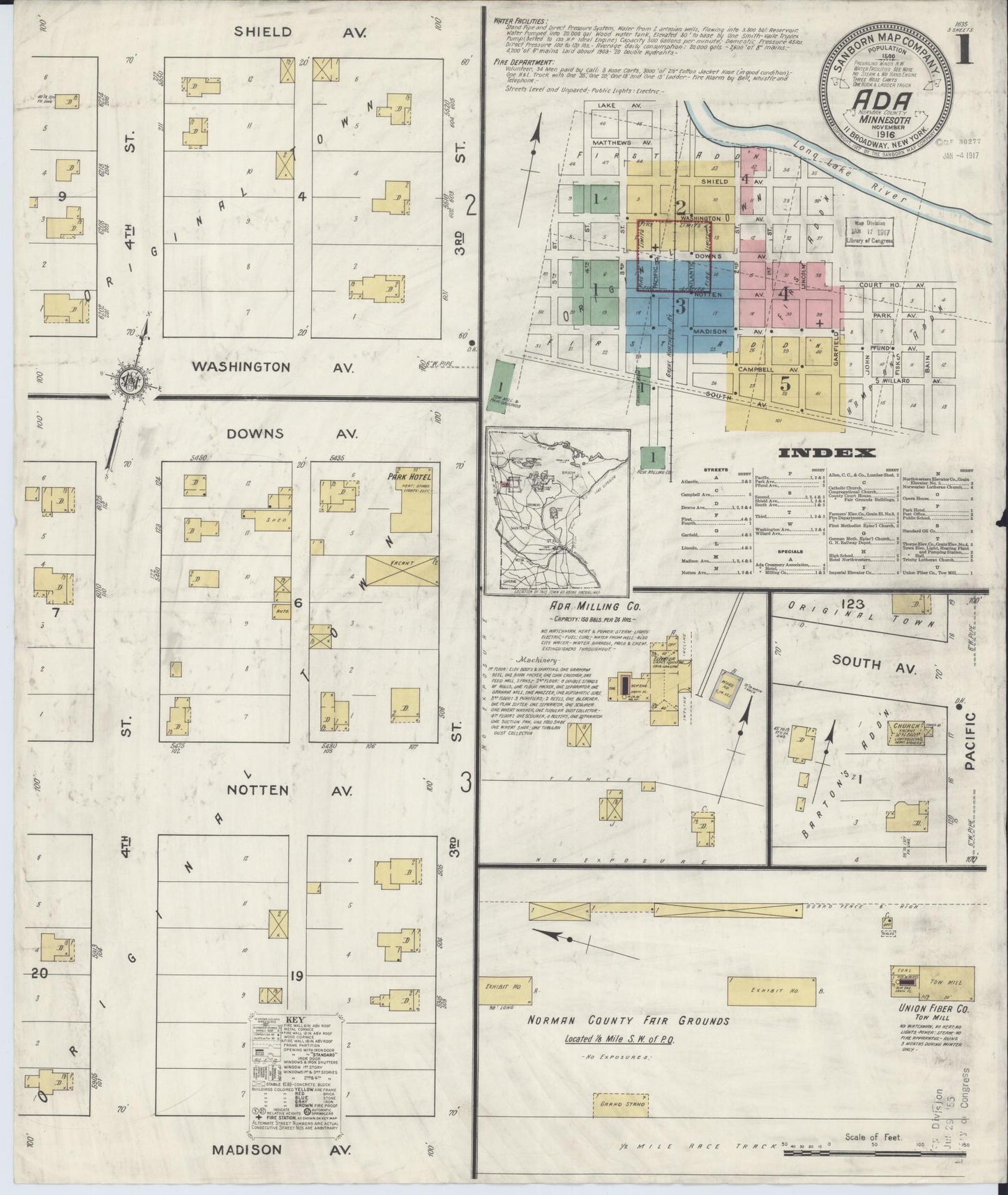 Sanborn Fire Insurance Map from Ada, Norman County, Minnesota (1916), Sheet #0001 - Historic Sanborn Fire Insurance Map Print, vintage old map wall art, antique decor, genealogy gift, Minnesota Minnesota map