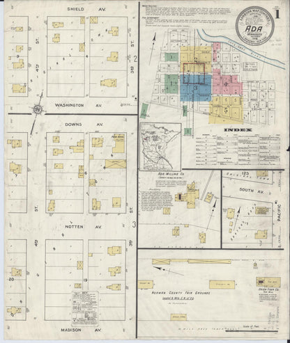 Sanborn Fire Insurance Map from Ada, Norman County, Minnesota (1916), Sheet #0001 - Historic Sanborn Fire Insurance Map Print, vintage old map wall art, antique decor, genealogy gift, Minnesota Minnesota map
