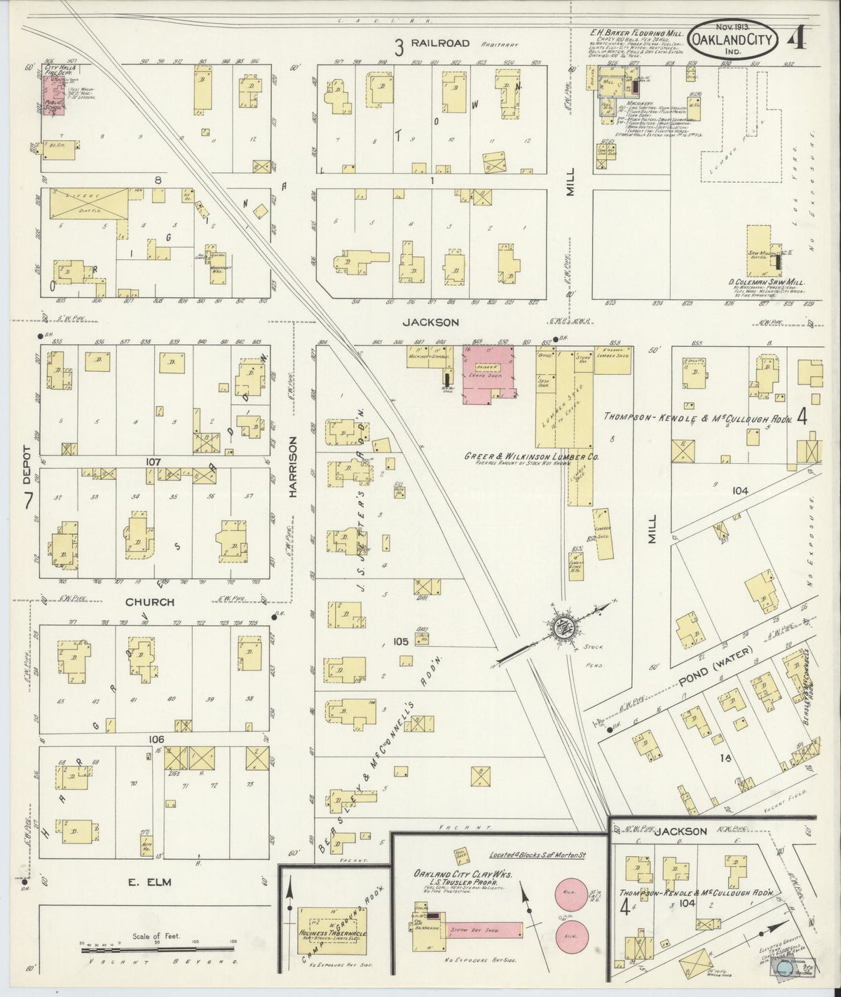 Sanborn Fire Insurance Map from Oakland City, Gibson County, Indiana (1913), Sheet #0004 - Historic Sanborn Fire Insurance Map Print, vintage old map wall art, antique decor, genealogy gift, Indiana Indiana map