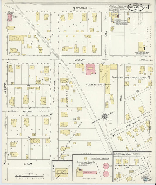 Sanborn Fire Insurance Map from Oakland City, Gibson County, Indiana (1913), Sheet #0004 - Historic Sanborn Fire Insurance Map Print, vintage old map wall art, antique decor, genealogy gift, Indiana Indiana map