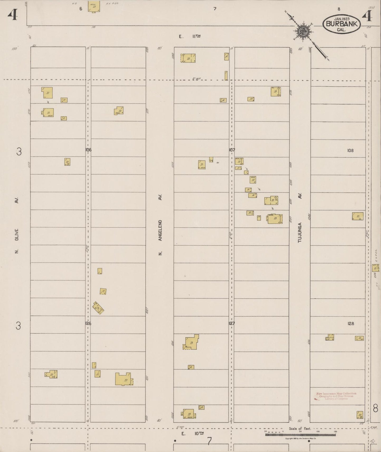 Sanborn Fire Insurance Map from Burbank, Los Angeles County, California (1923), Sheet #0004 - Complete Map Set gallery image, historic Sanborn map, vintage wall art, California California