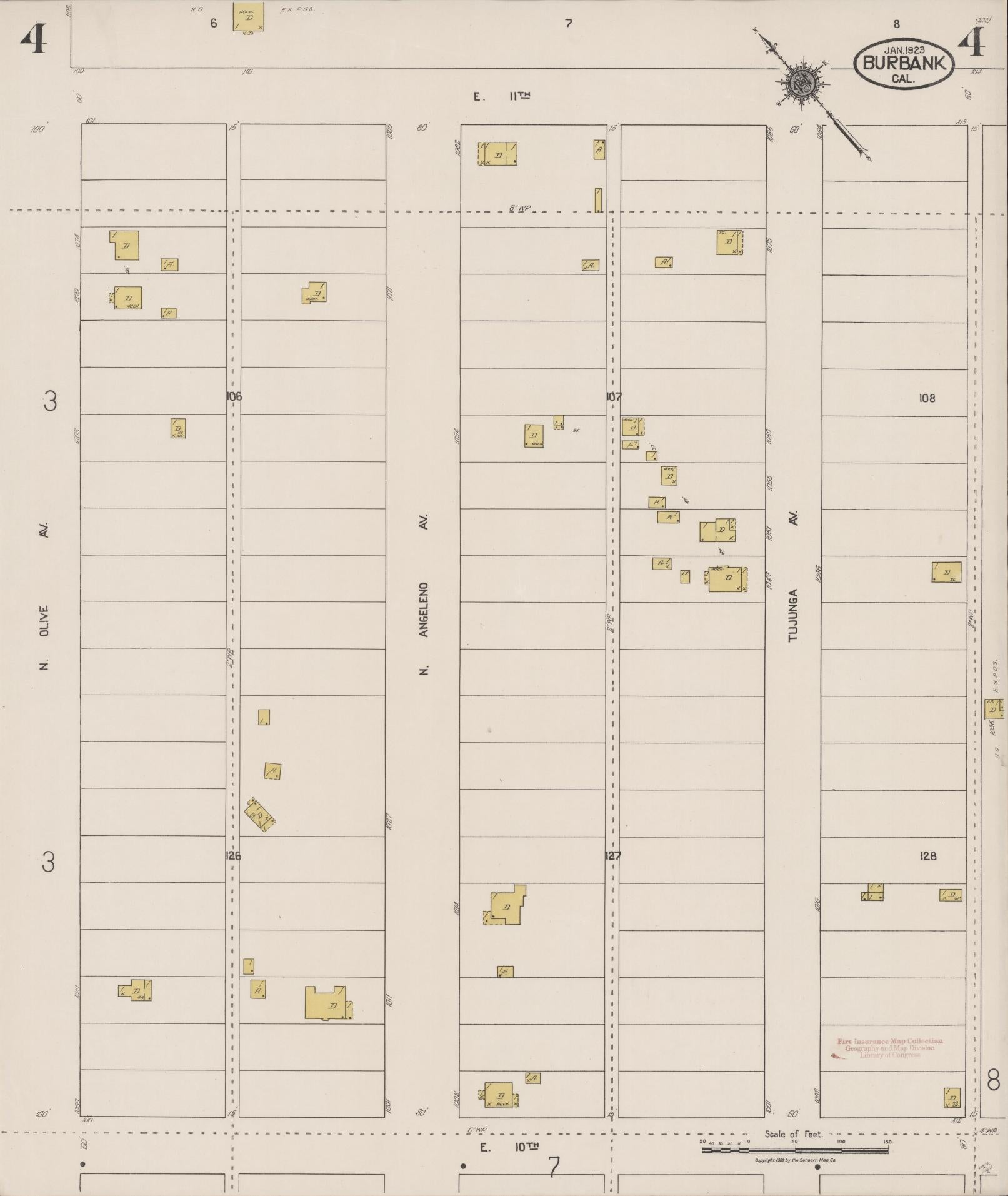Sanborn Fire Insurance Map from Burbank, Los Angeles County, California (1923), Sheet #0004 - Complete Map Set gallery image, historic Sanborn map, vintage wall art, California California