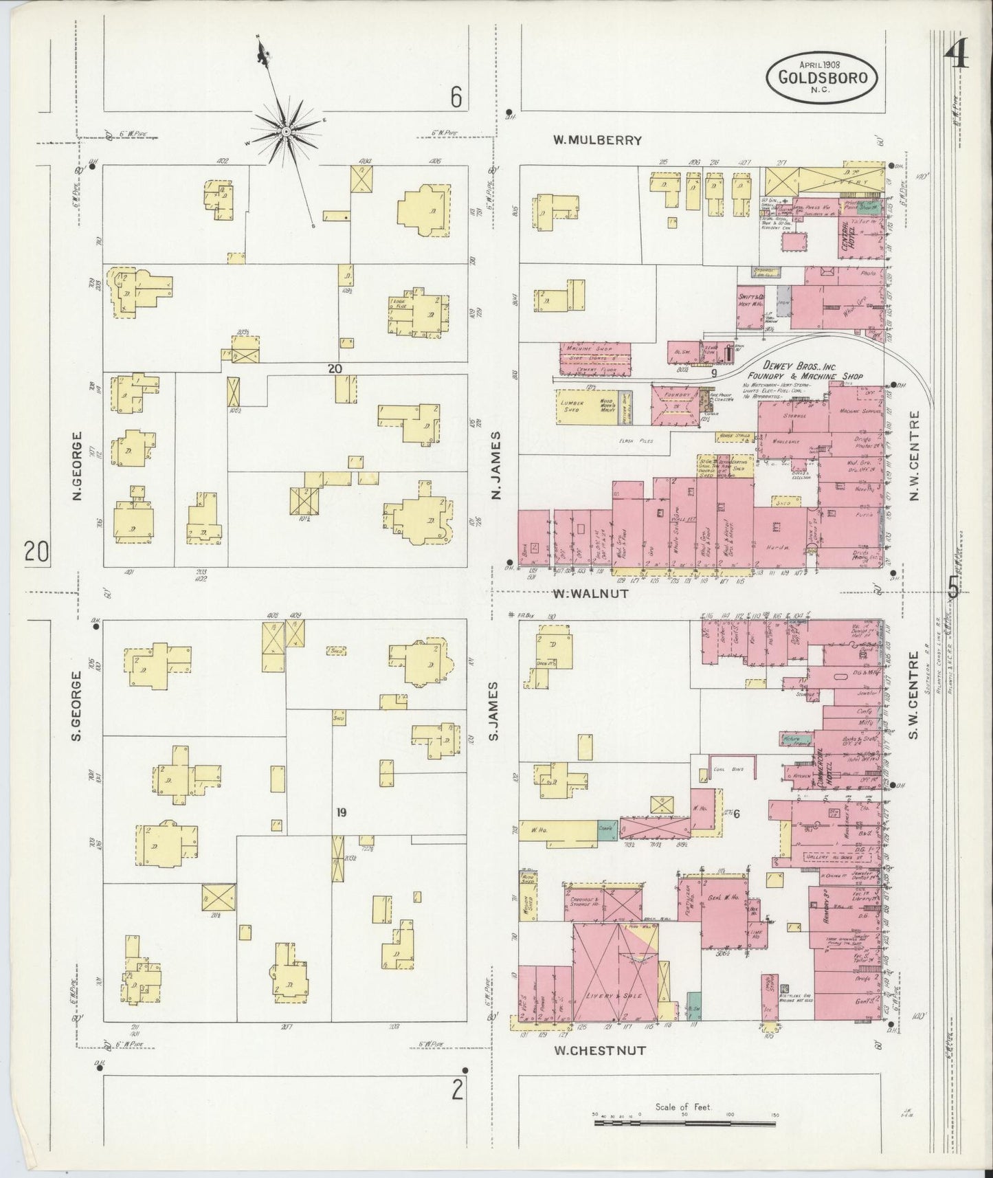 Sanborn Fire Insurance Map from Goldsboro, Wayne County, North Carolina (1908), Sheet #0004 - Complete Map Set gallery image, historic Sanborn map, vintage wall art, North Carolina North Carolina