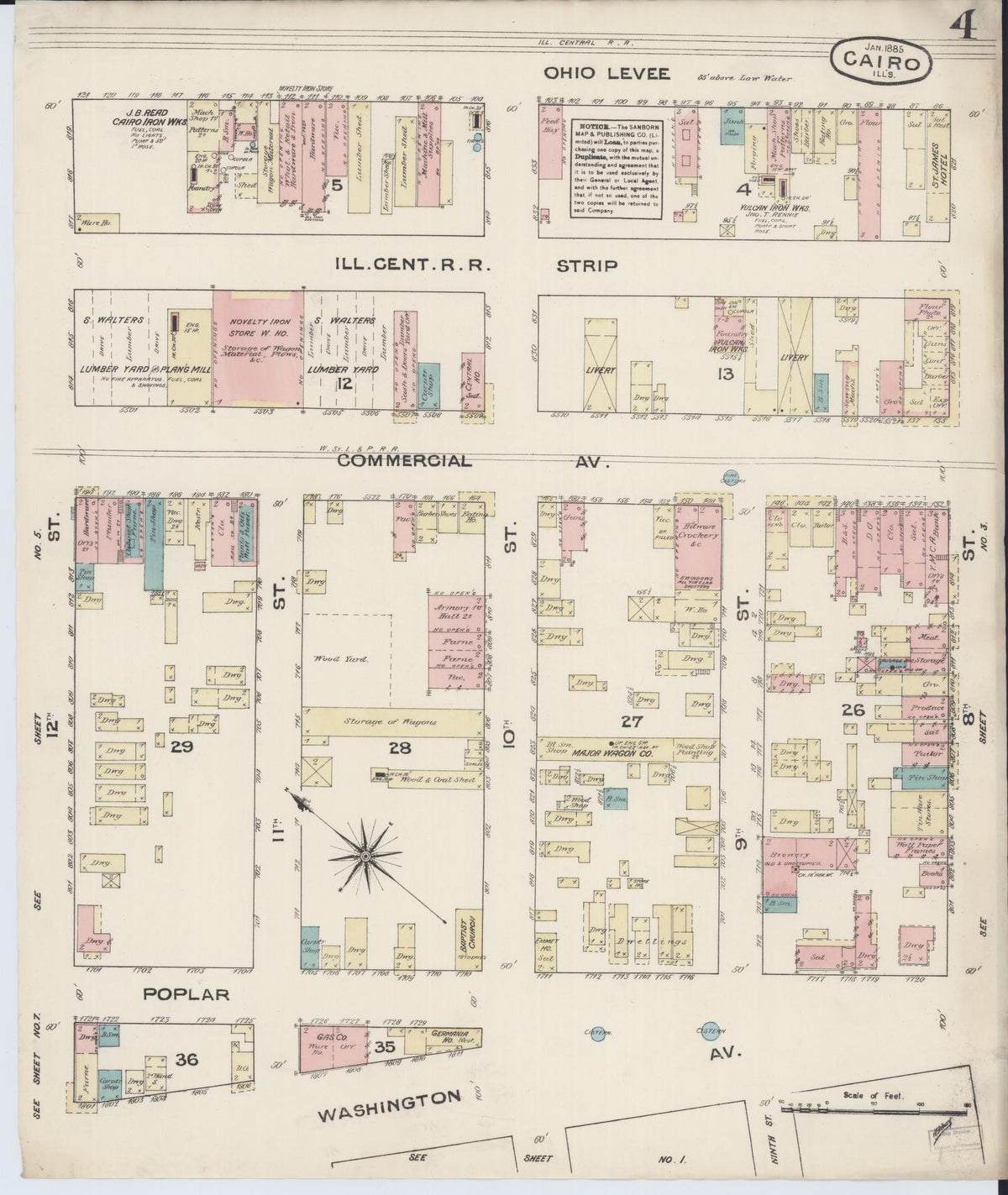 Sanborn Fire Insurance Map from Cairo, Alexander County, Illinois (1885), Sheet #0004 - Historic Sanborn Fire Insurance Map Print, vintage old map wall art, antique decor, genealogy gift, Illinois Illinois map