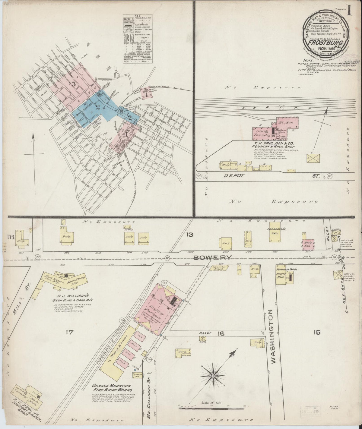 Sanborn Fire Insurance Map from Frostburg, Allegany County, Maryland (1885), Sheet #0001 - Historic Sanborn Fire Insurance Map Print, vintage old map wall art, antique decor, genealogy gift, Maryland Maryland map