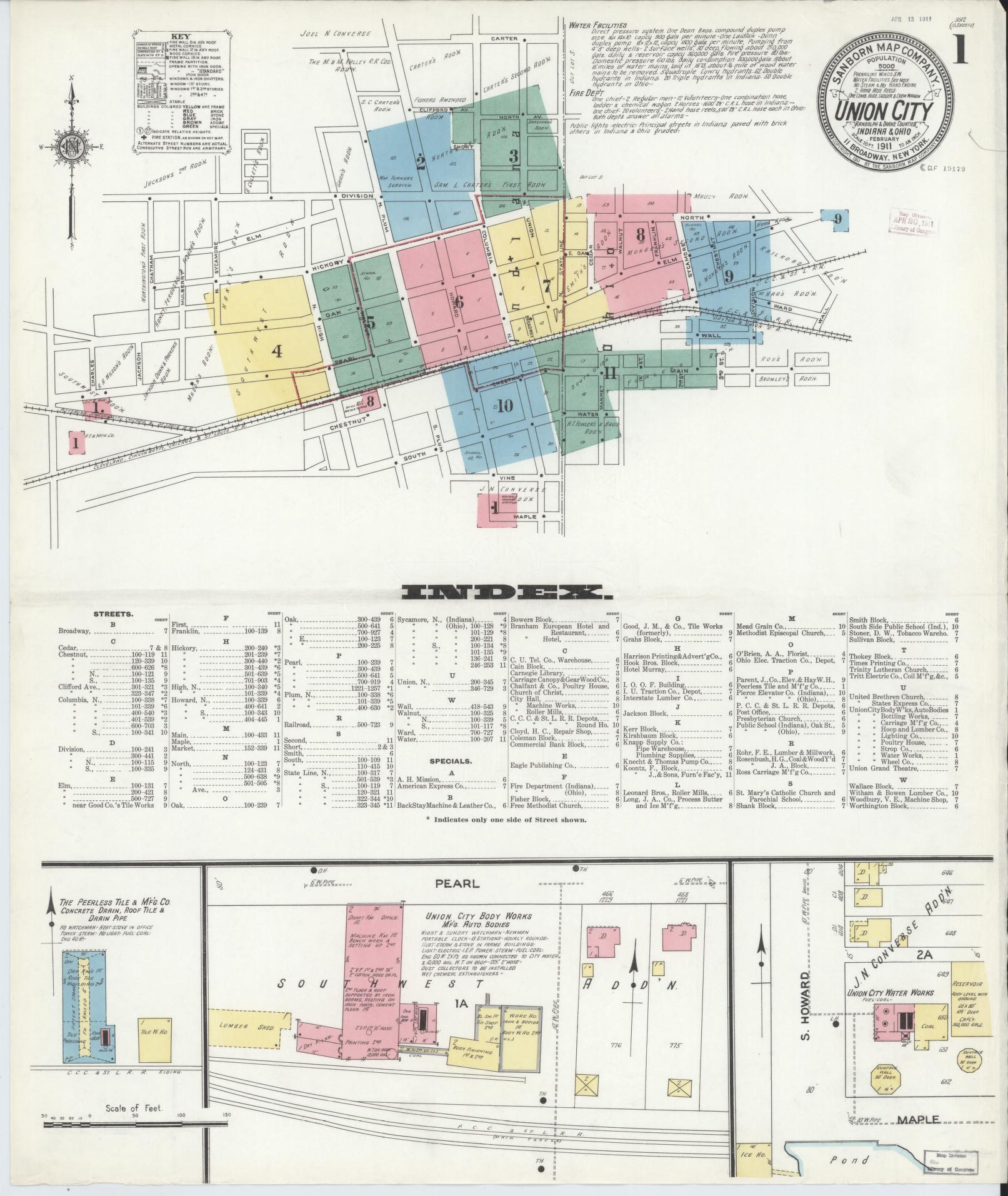 Sanborn Fire Insurance Map from Union City, Randolph County, Indiana (1911), Sheet #0001 - Complete Map Set gallery image, historic Sanborn map, vintage wall art, Indiana Indiana