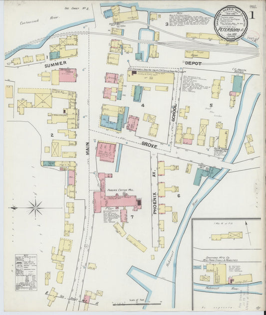 Sanborn Fire Insurance Map from Peterborough, Hillsborough County, New Hampshire (1892), Sheet #0001 - Historic Sanborn Fire Insurance Map Print, vintage old map wall art, antique decor, genealogy gift, New Hampshire New Hampshire map