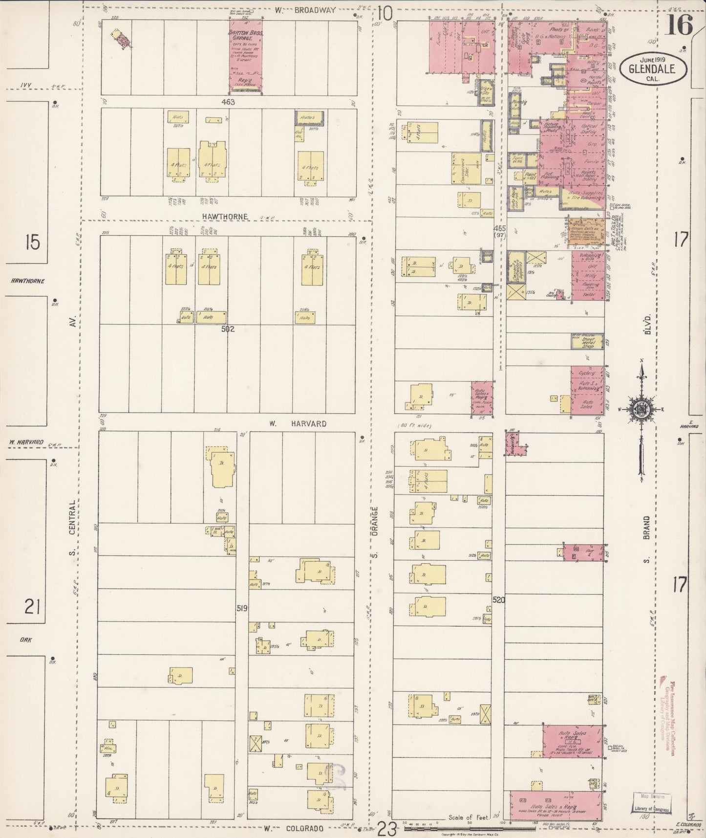 Sanborn Fire Insurance Map from Glendale, Los Angeles County, California (1919), Sheet #0016 - Historic Sanborn Fire Insurance Map Print, vintage old map wall art, antique decor, genealogy gift, California California map