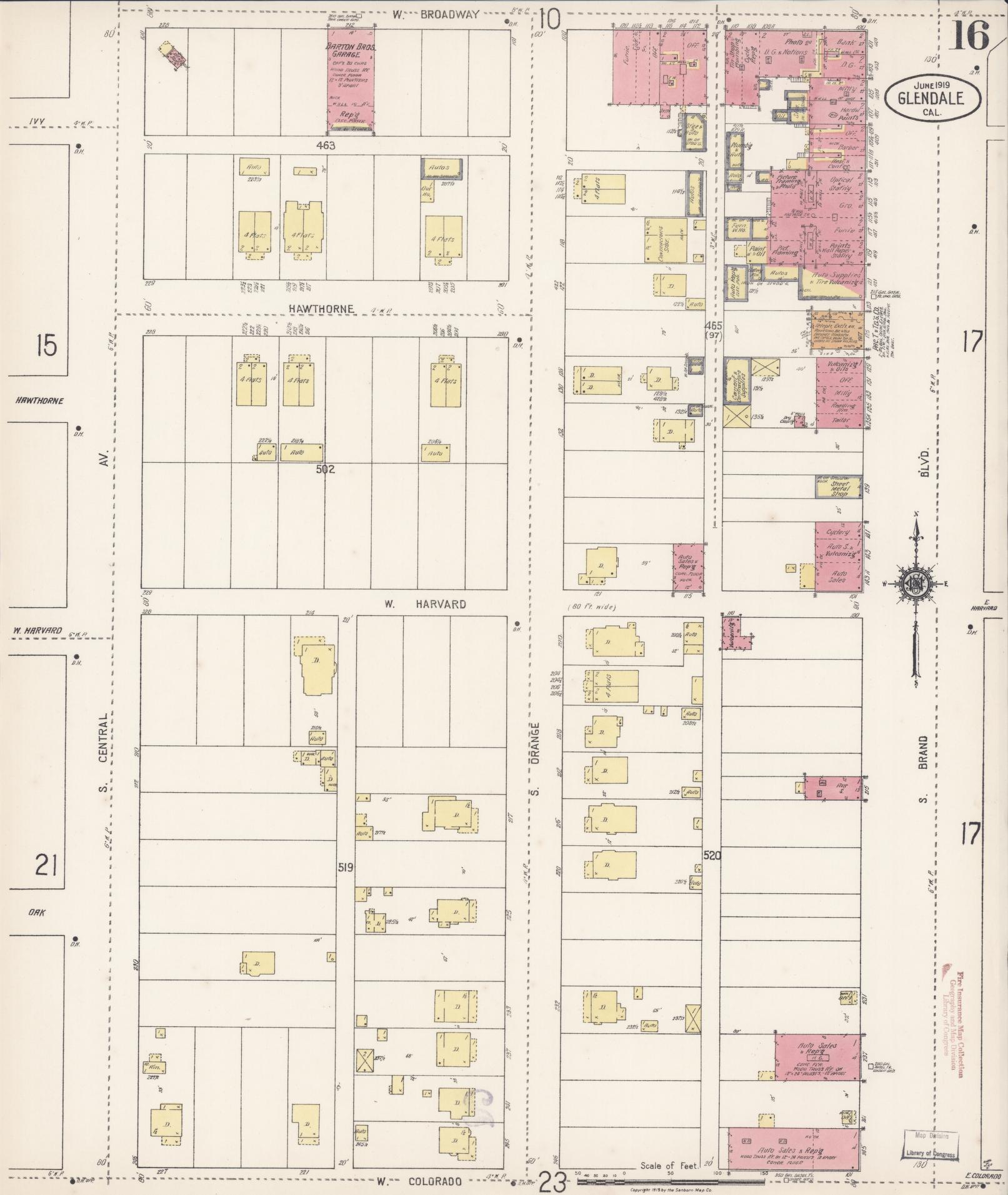 Sanborn Fire Insurance Map from Glendale, Los Angeles County, California (1919), Sheet #0016 - Historic Sanborn Fire Insurance Map Print, vintage old map wall art, antique decor, genealogy gift, California California map