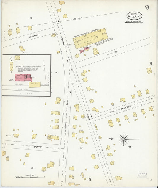 Sanborn Fire Insurance Map from Abington, Plymouth County, Massachusetts (1907), Sheet #0009 - Historic Sanborn Fire Insurance Map Print, vintage old map wall art, antique decor, genealogy gift, Massachusetts Massachusetts map