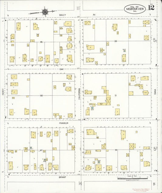 Sanborn Fire Insurance Map from Mountain View, Santa Clara County, California (1921), Sheet #0012 - Historic Sanborn Fire Insurance Map Print, vintage old map wall art, antique decor, genealogy gift, California California map
