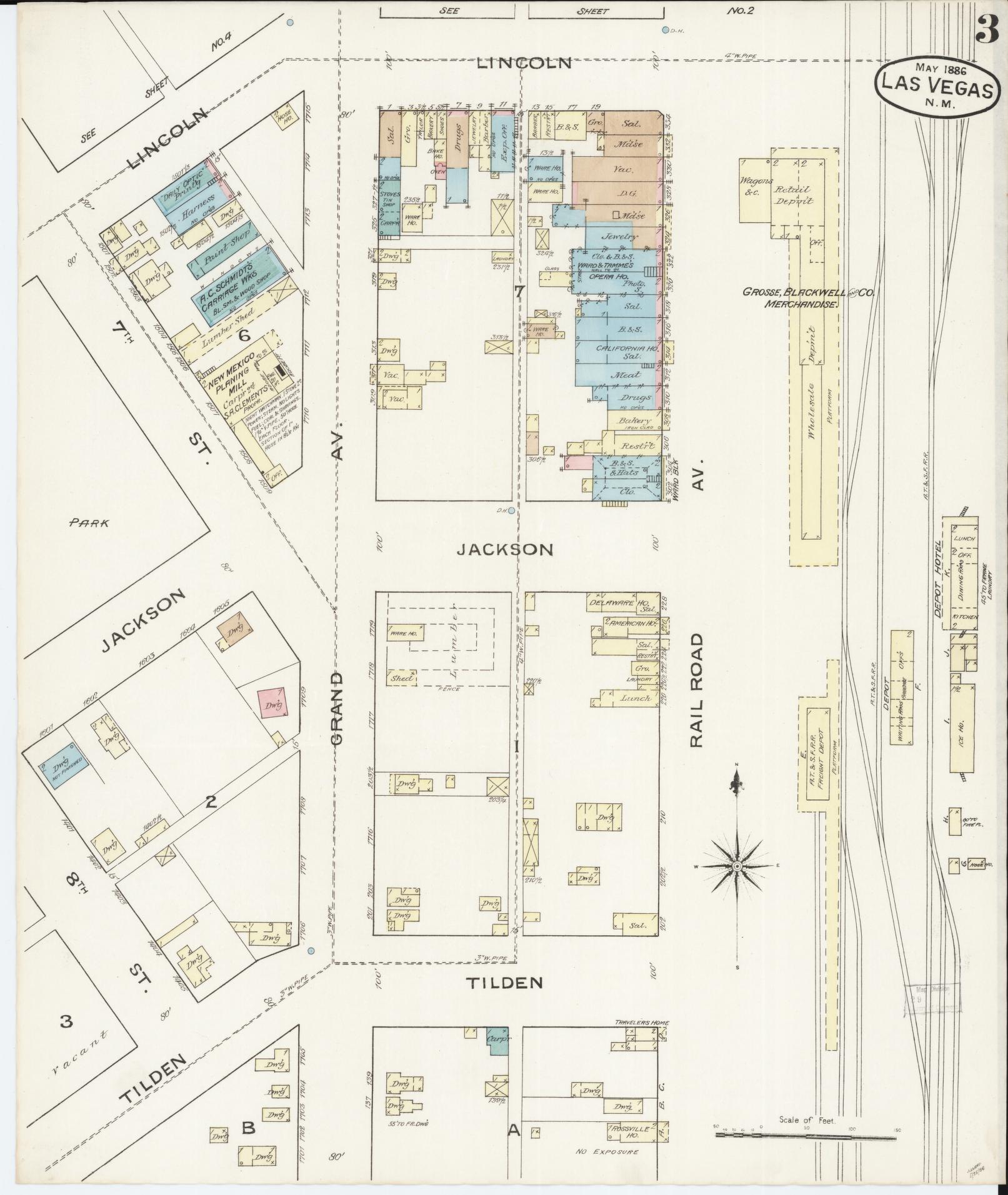 Sanborn Fire Insurance Map from Las Vegas, San Miguel County, New Mexico (1886), Sheet #0003 - Complete Map Set gallery image, historic Sanborn map, vintage wall art, New Mexico New Mexico