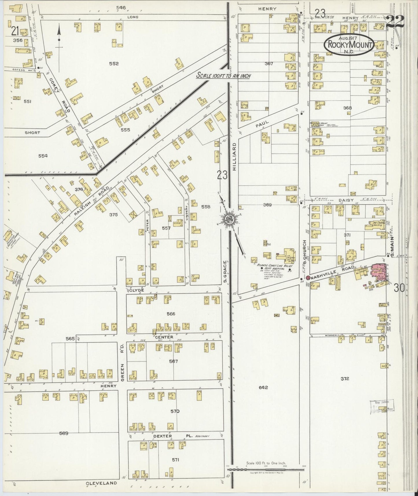 Sanborn Fire Insurance Map from Rocky Mount, Edgecombe And Nash Counties, North Carolina (1917), Sheet #0022 - Complete Map Set gallery image, historic Sanborn map, vintage wall art, North Carolina North Carolina