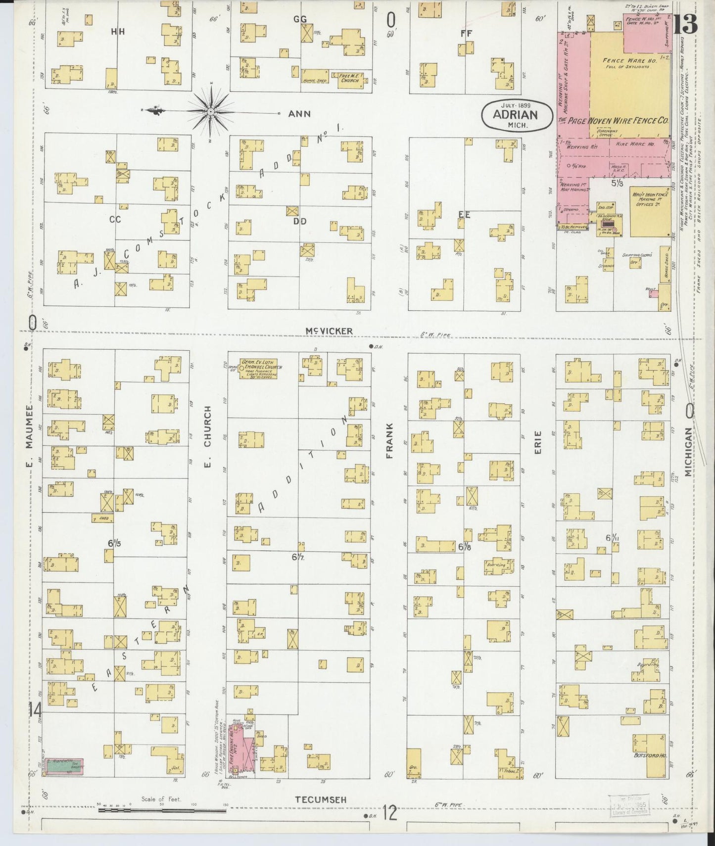 Sanborn Fire Insurance Map from Adrian, Lenawee County, Michigan (1899), Sheet #0013 - Historic Sanborn Fire Insurance Map Print, vintage old map wall art, antique decor, genealogy gift, Michigan Michigan map