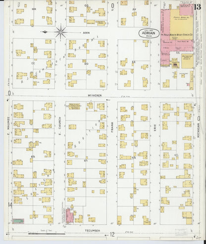 Sanborn Fire Insurance Map from Adrian, Lenawee County, Michigan (1899), Sheet #0013 - Historic Sanborn Fire Insurance Map Print, vintage old map wall art, antique decor, genealogy gift, Michigan Michigan map