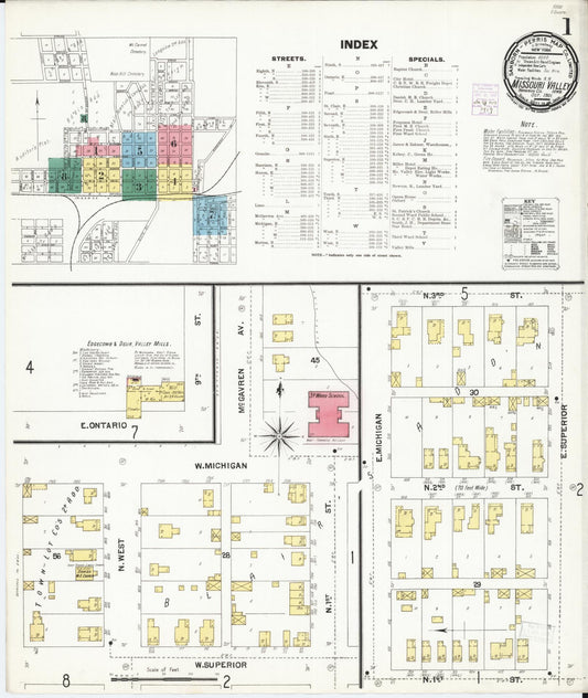 Sanborn Fire Insurance Map from Missouri Valley, Harrison County, Iowa (1901), Sheet #0001 - Historic Sanborn Fire Insurance Map Print, vintage old map wall art